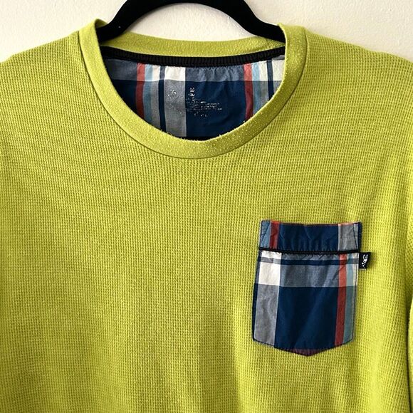 Psycho Bunny Waffle Knit Mens Long Sleeve Neon Yellow Green Plaid Pocket Medium - Picture 2 of 4